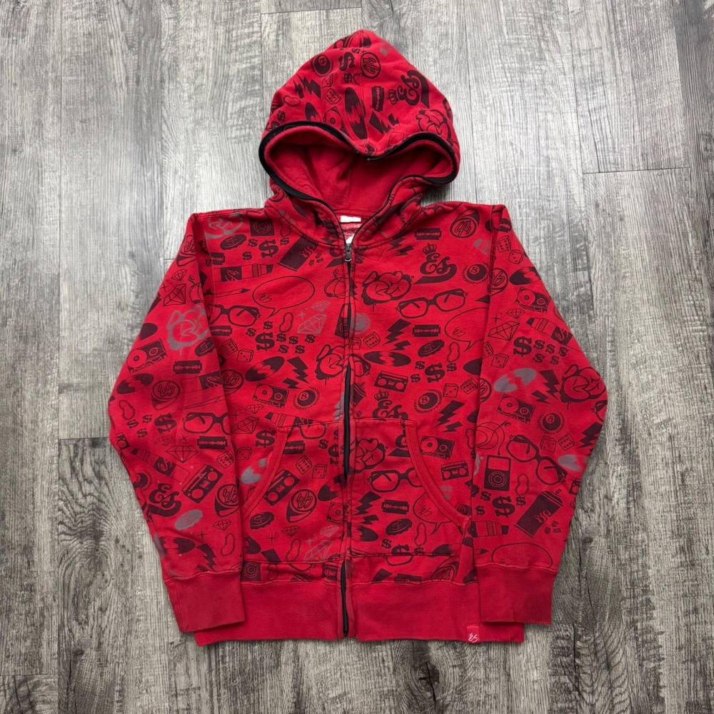 Vtg Y2K eS Skateboarding Full Zip Skater Hoodie All Over Print AOP Sz S